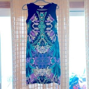 Dress Barn dress, Sz 6, stretchy, black with purple / green / gold